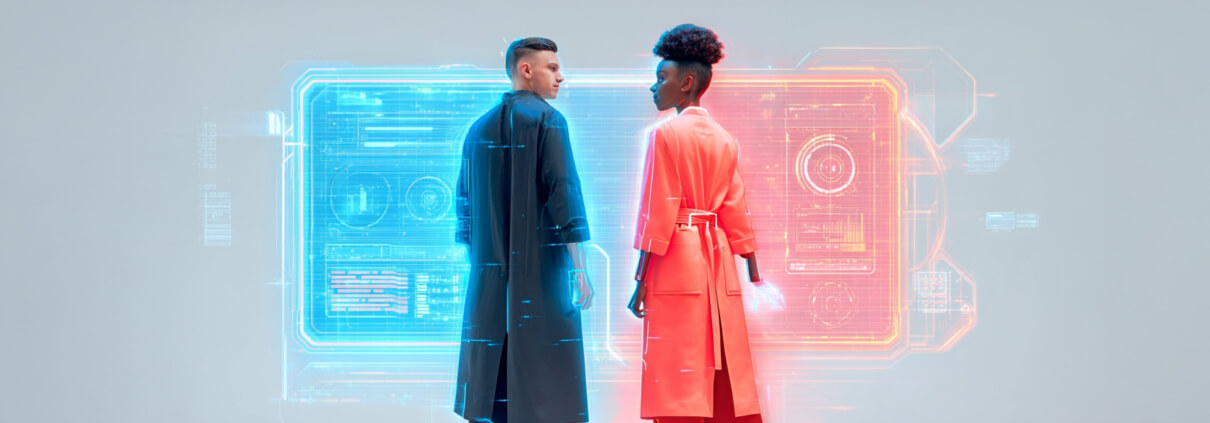 Ein Servicemitarbeiter und eine digitale Assistentin stehen nebeneinander in einem futuristischen Contact Center und betrachten gemeinsam ein holografisches Dashboard. Die Assistentin hat einen blauen Schimmer, der ihre Rolle als AI-Agentin hervorhebt.